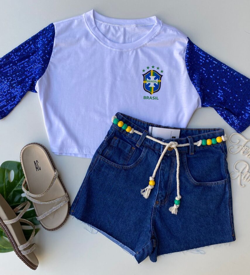 Cropped Feminino Manga em Paetê Branco Fernanda Ramos Store
