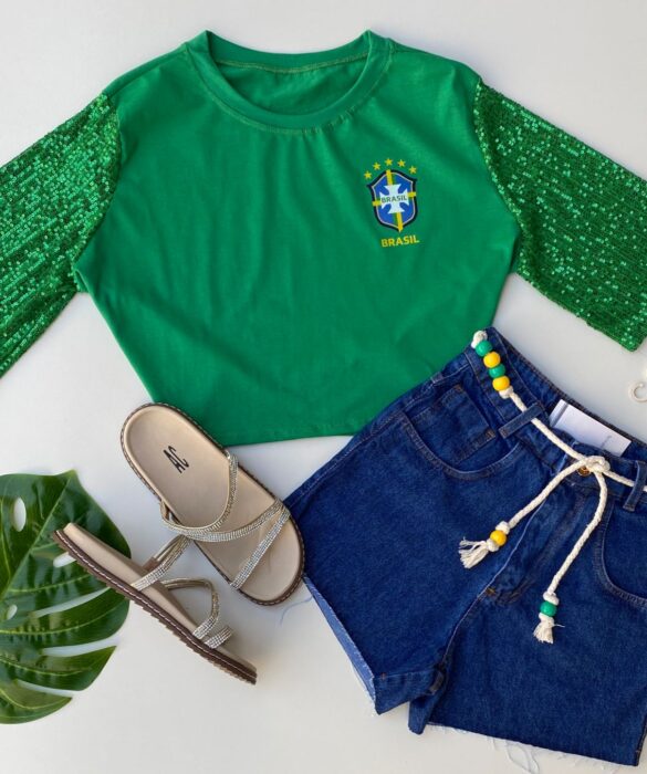 Cropped Feminino Manga em Paetê Verde Fernanda Ramos Store