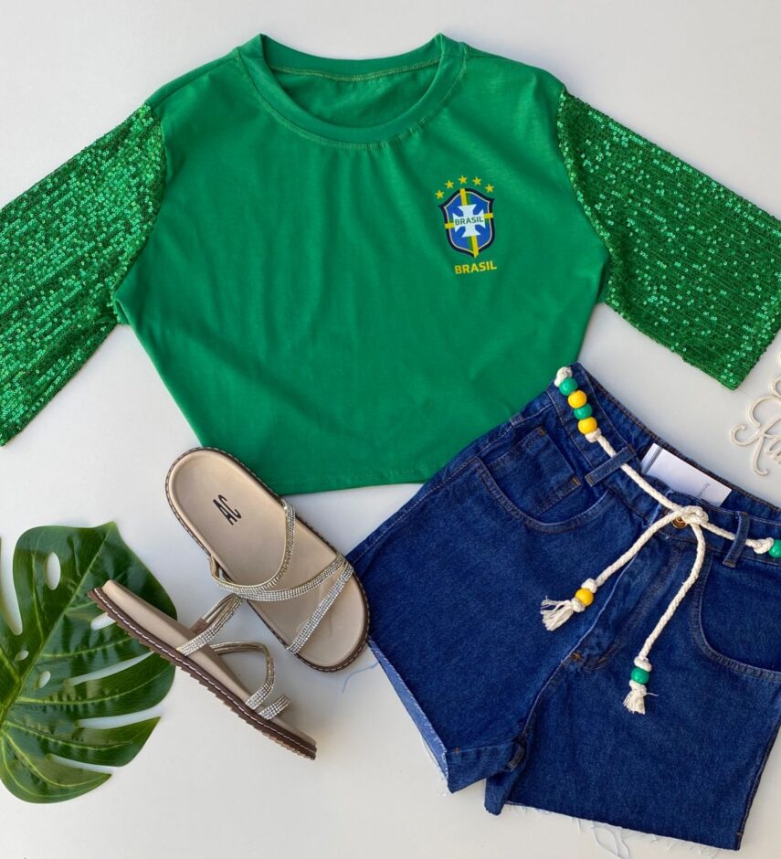Cropped Feminino Manga em Paetê Verde Fernanda Ramos Store