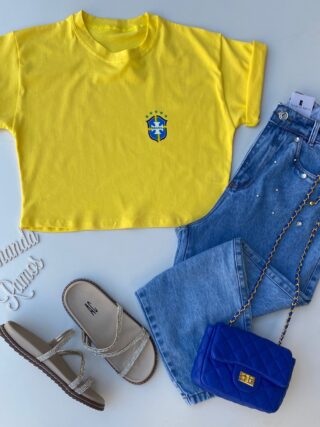 Cropped Feminino sem Bojo com Estampa Amarelo Fernanda Ramos Store