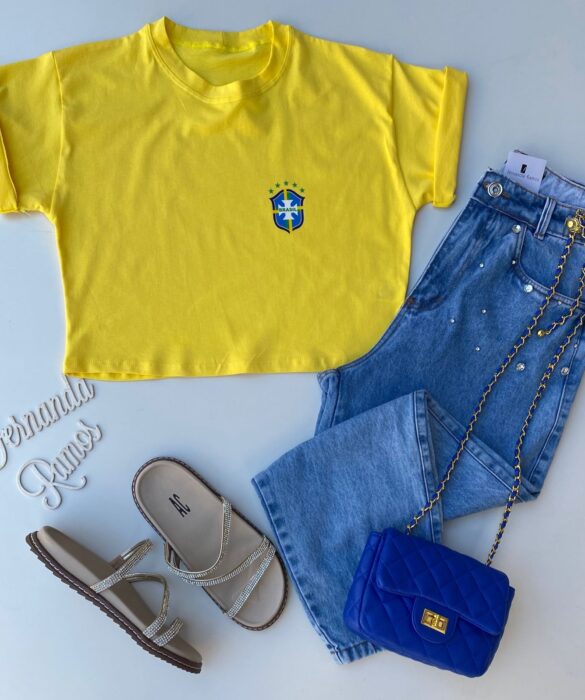 Cropped Feminino sem Bojo com Estampa Amarelo Fernanda Ramos Store