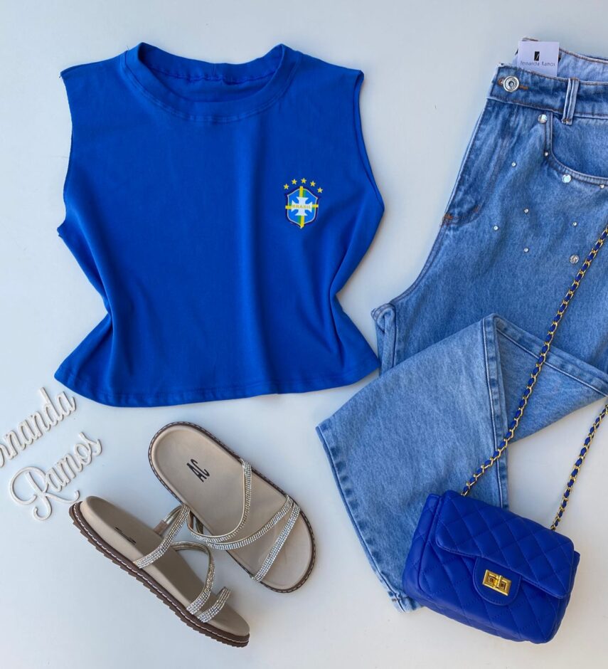 Cropped Feminino sem Manga com Estampa Azul Fernanda Ramos Store