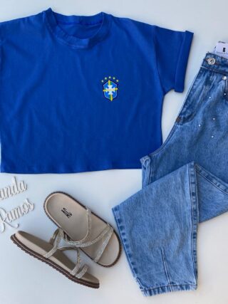 Cropped Feminino sem Bojo com Estampa Azul Fernanda Ramos Store