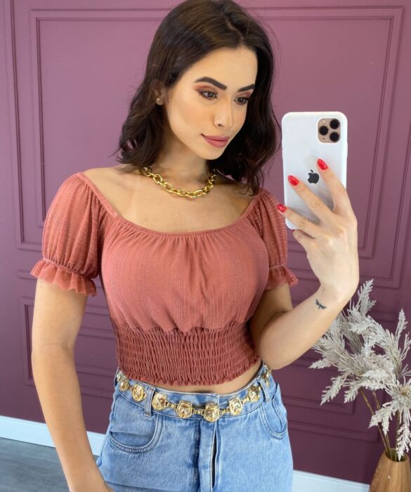 Cropped Feminino sem Bojo com Lastex Rose Fernanda Ramos Store