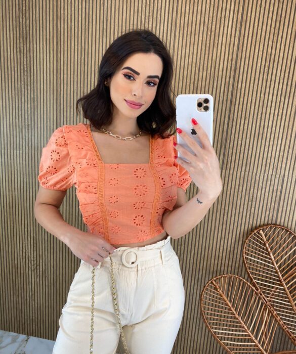 Cropped Feminino sem Bojo de Laise Manga Princesa Laranja Fernanda Ramos Store