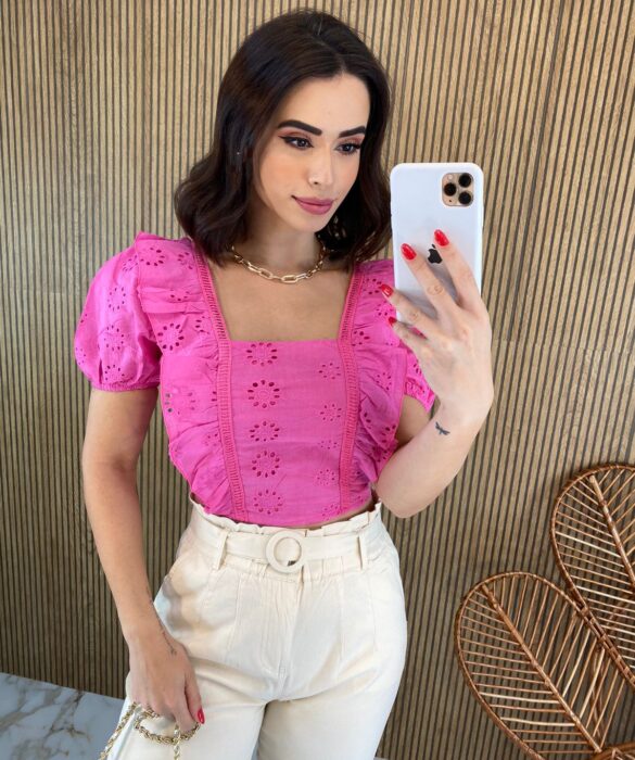 Cropped Feminino sem Bojo de Laise Manga Princesa Rosa Fernanda Ramos Store