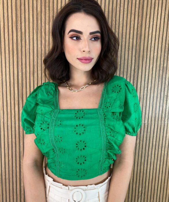 Cropped Feminino sem Bojo de Laise Manga Princesa Verde Fernanda Ramos Store