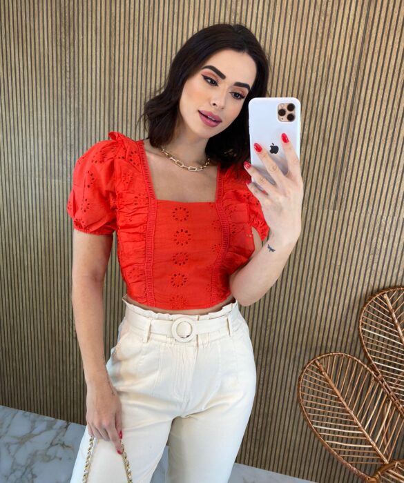 Cropped Feminino sem Bojo de Laise Manga Princesa Vermelho Fernanda Ramos Store