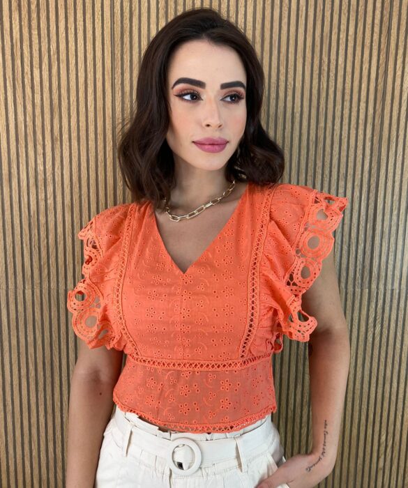 Cropped Feminino sem Bojo de Laise Ziper Atrás Laranja Fernanda Ramos Store