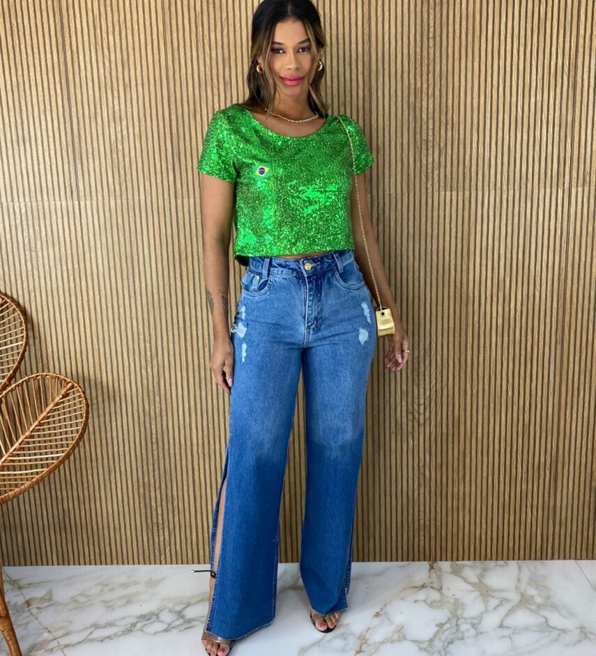 Cropped Feminino sem Bojo Manga Curta Paetê Verde Fernanda Ramos Store