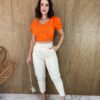 Cropped Feminino sem Bojo Manga Laise com Detalhes Laranja Fernanda Ramos Store