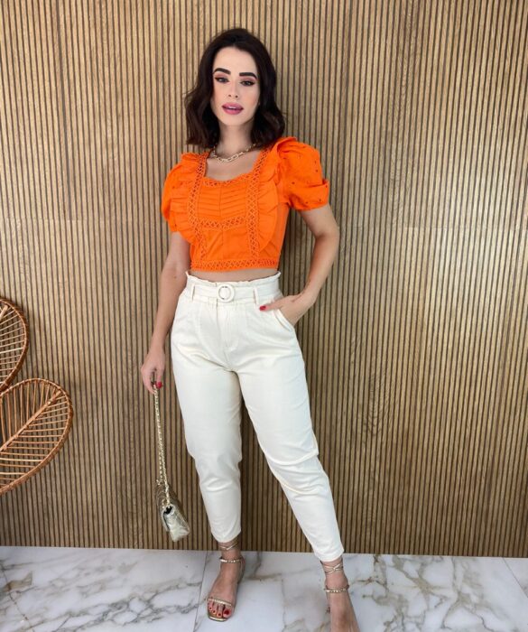 Cropped Feminino sem Bojo Manga Laise com Detalhes Laranja Fernanda Ramos Store