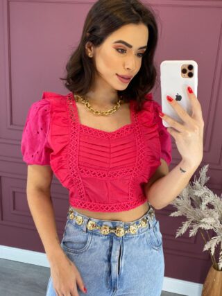 Cropped Feminino sem Bojo Manga Laise com Detalhes Pink Fernanda Ramos Store