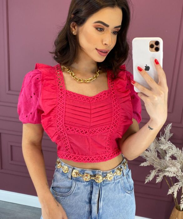 Cropped Feminino sem Bojo Manga Laise com Detalhes Pink Fernanda Ramos Store