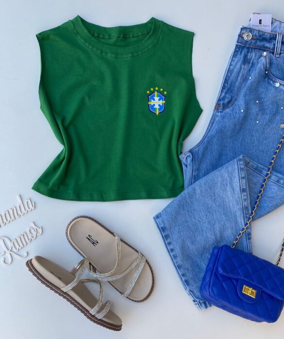 Cropped Feminino sem Manga com Estampa Verde Fernanda Ramos Store