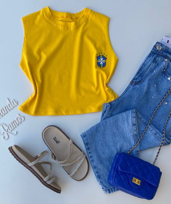 Cropped Feminino sem Manga com Estampa Amarelo Fernanda Ramos Store