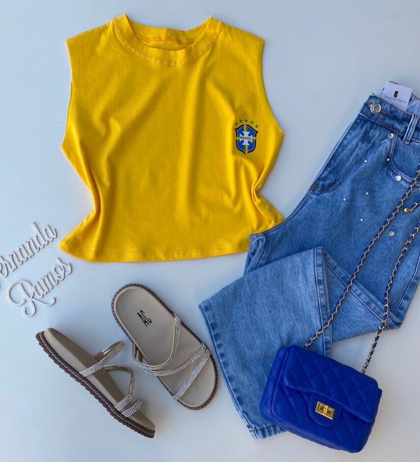 Cropped Feminino sem Manga com Estampa Amarelo Fernanda Ramos Store