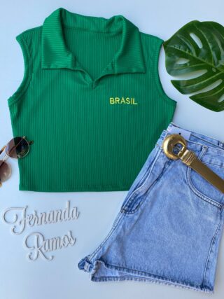 cropped feminino verde canelado com gola sem bojo fernanda ramos store