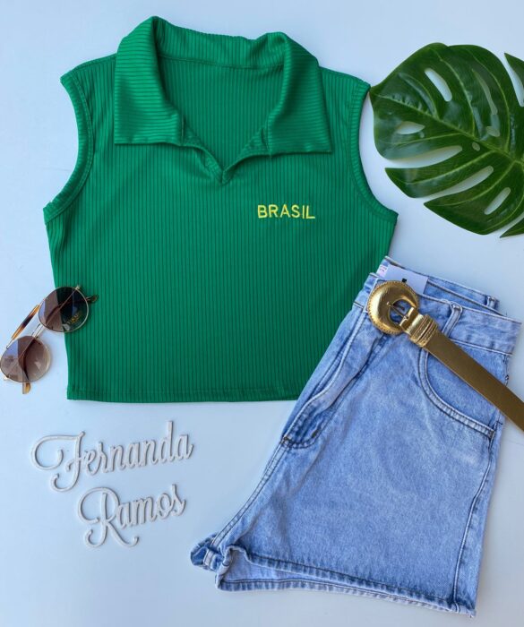 cropped feminino verde canelado com gola sem bojo fernanda ramos store