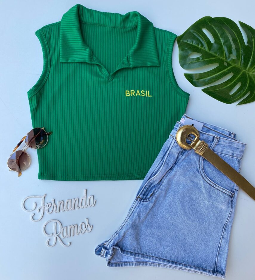 cropped feminino verde canelado com gola sem bojo fernanda ramos store