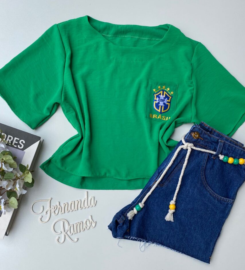 Cropped Feminino Verde Manga Curta Crepe com Bolso Amarelo Fernanda Ramos Store