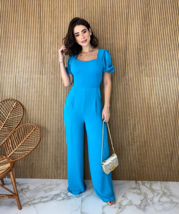Macacão Feminino com Bojo e Amarração Atrás Azul Fernanda Ramos Store