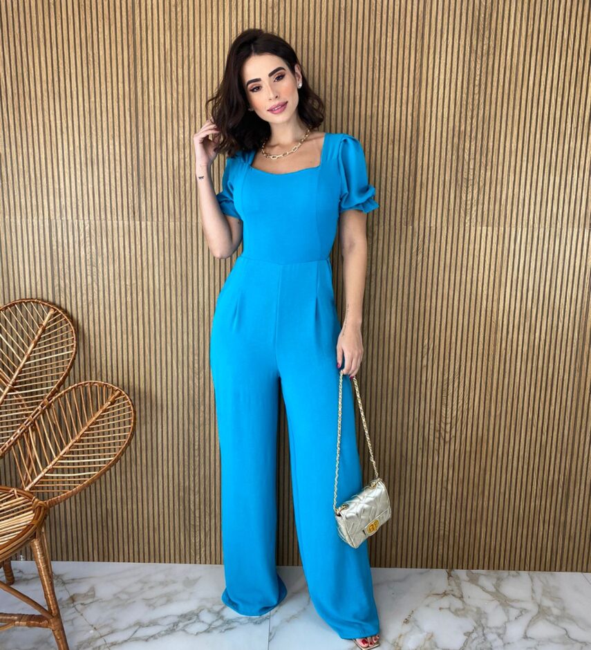 Macacão Feminino com Bojo e Amarração Atrás Azul Fernanda Ramos Store