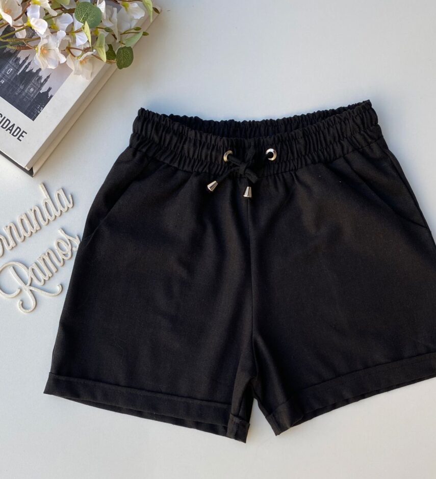 Short Feminino Viscolinho com Amarração Preto Fernanda Ramos Store