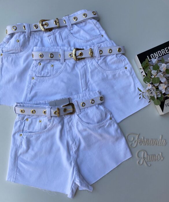 Short Jeans Feminino com Cinto Branco Vila do Sol Fernanda Ramos Store