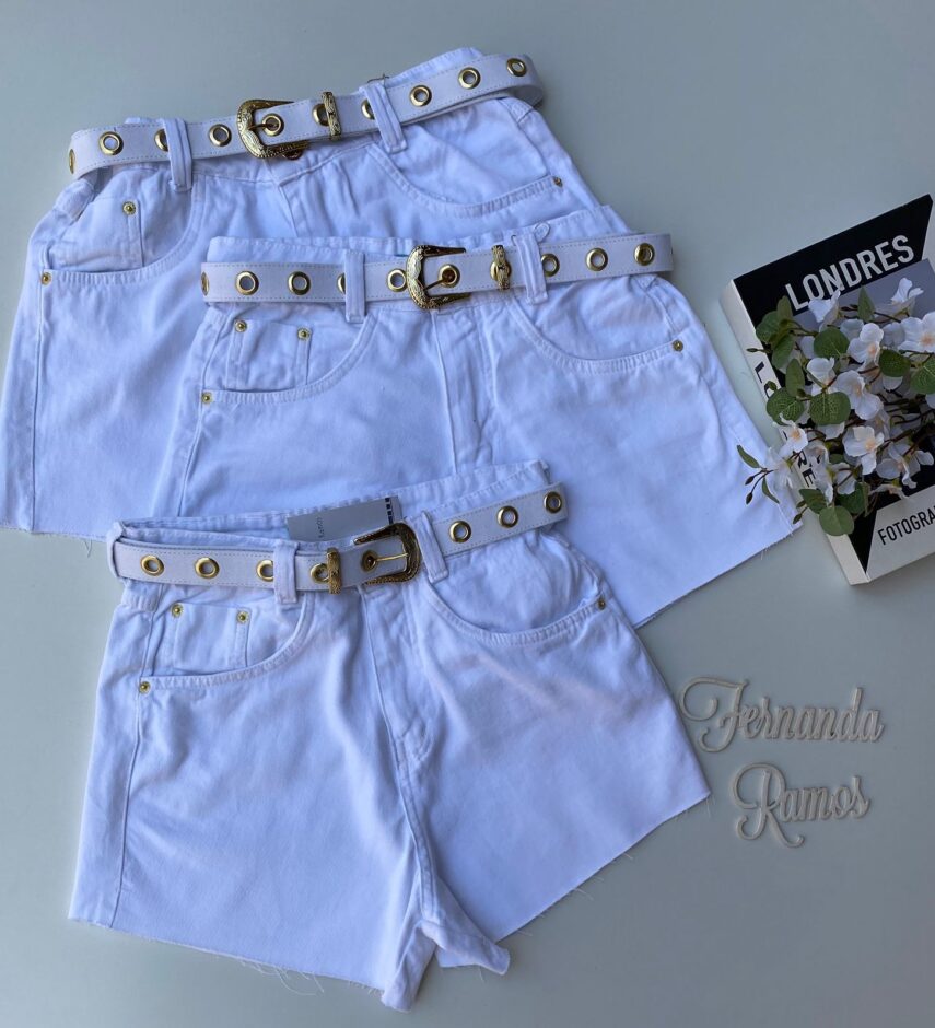 Short Jeans Feminino com Cinto Branco Vila do Sol Fernanda Ramos Store