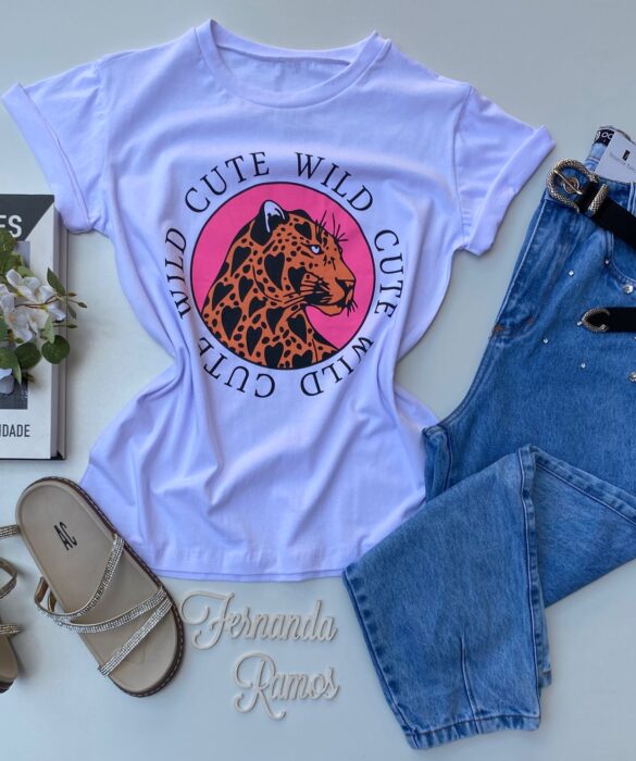 T-shirt Manga Curta Cute Wild Branco Fernanda Ramos Store