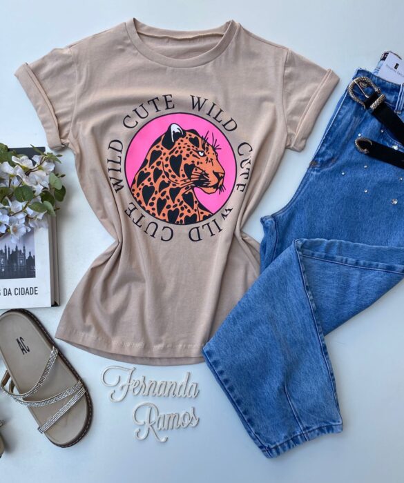 T-shirt Manga Curta Cute Wild Bege Fernanda Ramos Store