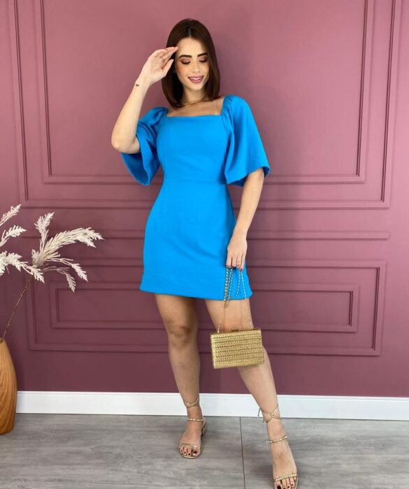 Vestido Curto com Bojo com Amarração Atrás Azul Fernanda Ramos Store