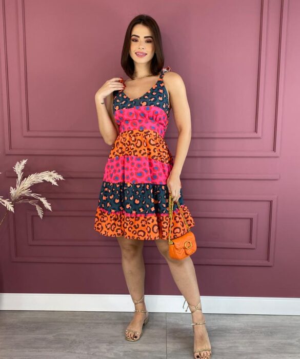 Vestido Curto com Bojo Estampa Animal Print Alça com Babados Fernanda Ramos Store