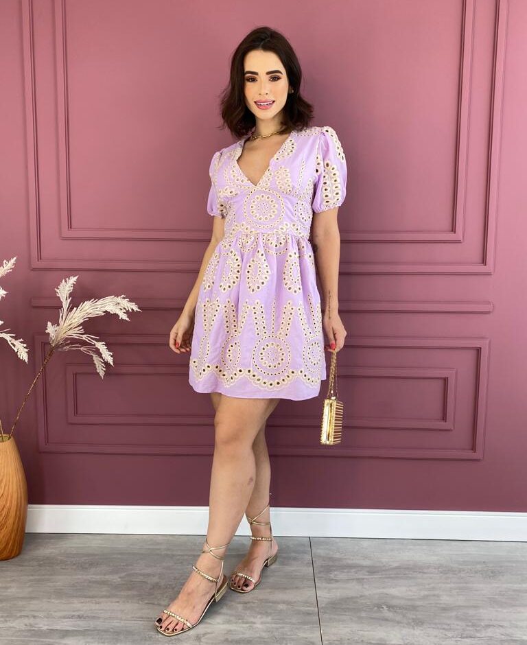 Vestido Curto sem Bojo Bordado Manga Curta Lilás Fernanda Ramos Store