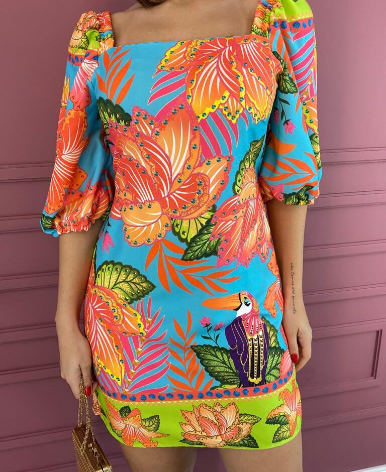 Vestido Curto sem Bojo Estampa Azul Amarração Atrás - Fernanda Ramos Store