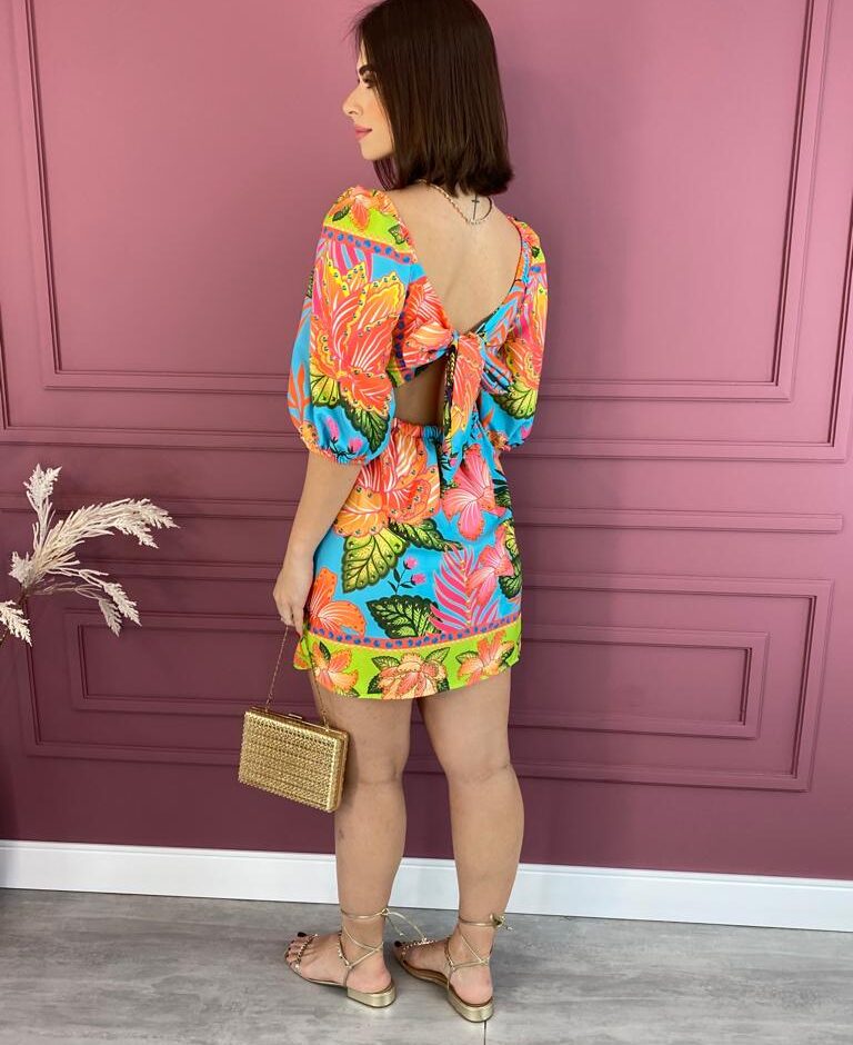 Vestido Curto sem Bojo Estampa Azul Amarração Atrás - Fernanda Ramos Store