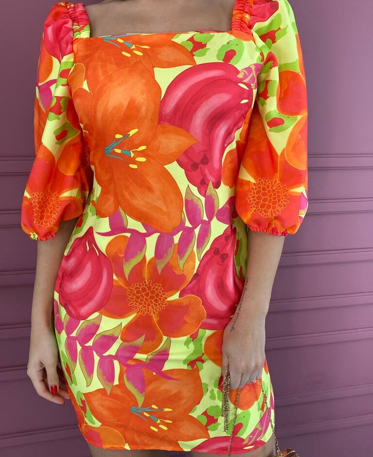 Vestido Curto sem Bojo Estampa Laranja Amarração Atrás - Fernanda Ramos Store