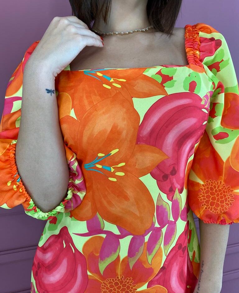 Vestido Curto sem Bojo Estampa Laranja Amarração Atrás - Fernanda Ramos Store