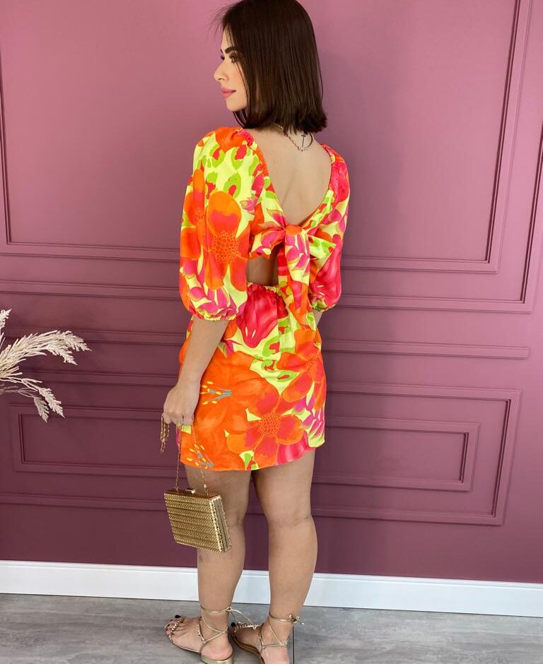 Vestido Curto sem Bojo Estampa Laranja Amarração Atrás - Fernanda Ramos Store