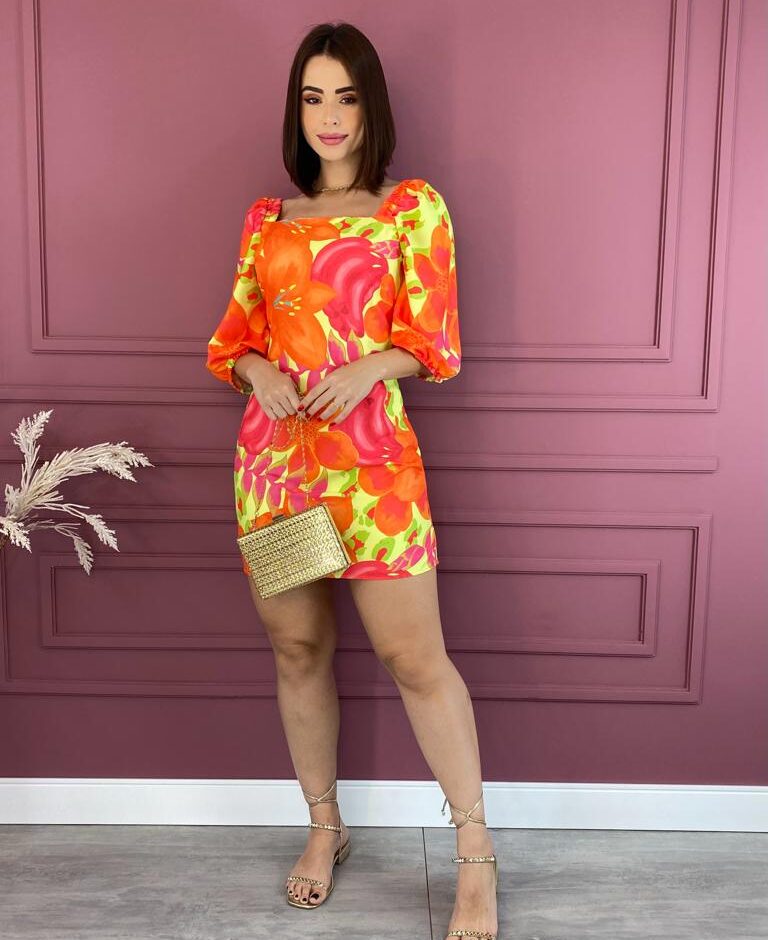 Vestido Curto sem Bojo Estampa Laranja Amarração Atrás - Fernanda Ramos Store