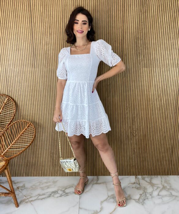 Vestido Curto sem Bojo Laise Branco Manga Curta Fernanda Ramos Store