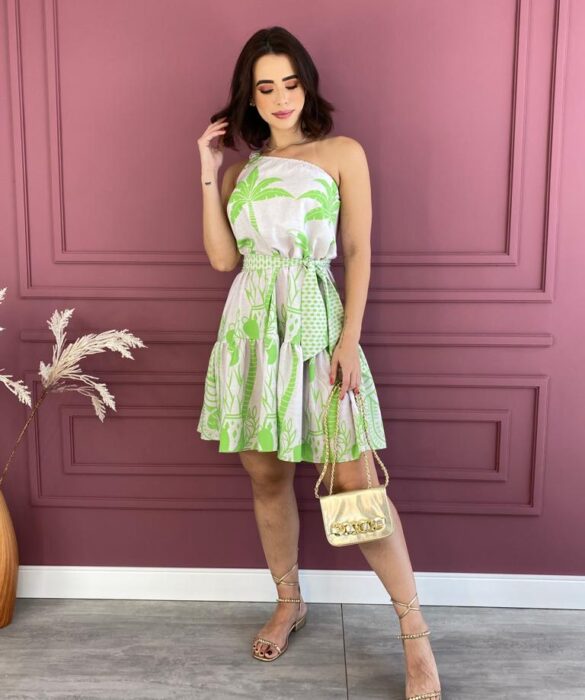 Vestido Curto sem Bojo Mula Manca Estampa Coqueiros Verde Fernanda Ramos Store