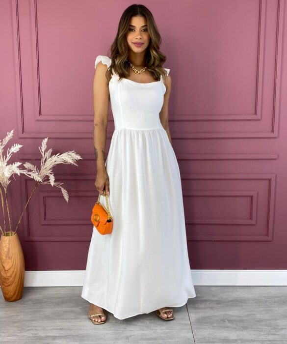 Vestido Longo com Bojo Alça com Elástico e Babados Branco Fernanda Ramos Store