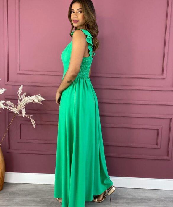 fernandaramosstore com br vestido longo com bojo alca com elastico e babados verde 1