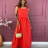 Vestido Longo com Bojo Alça com Elástico e Babados Vermelho Fernanda Ramos Store