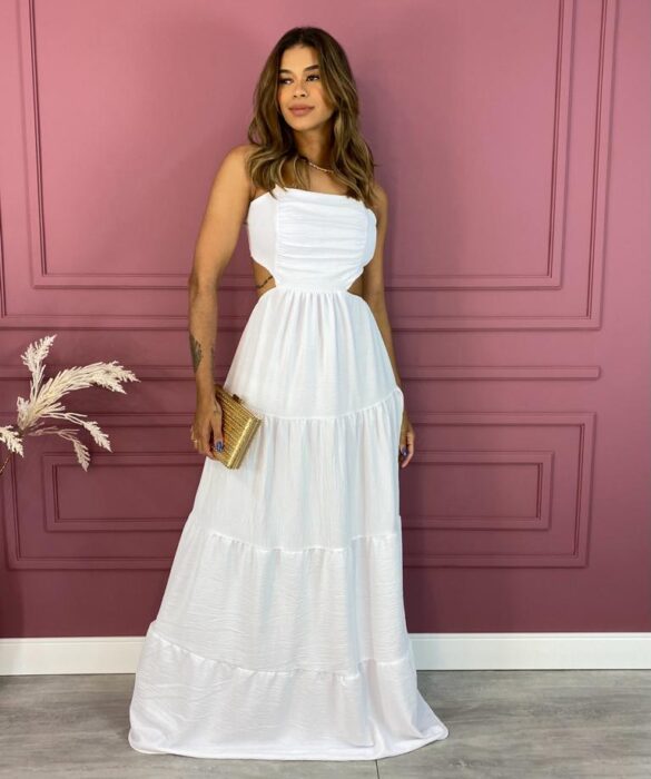 Vestido Longo com Bojo Alça Regulável e Abertura Branco Fernanda Ramos Store