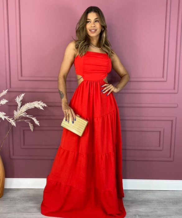 Vestido Longo com Bojo Alça Regulável e Abertura Vermelho Fernanda Ramos Store