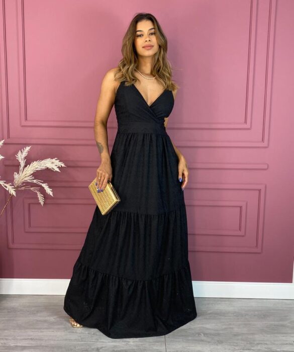 Vestido Longo com Bojo Alça Regulável Laise Preto Fernanda Ramos Store