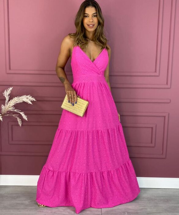 Vestido Longo com Bojo Alça Regulável Laise Pink Fernanda Ramos Store